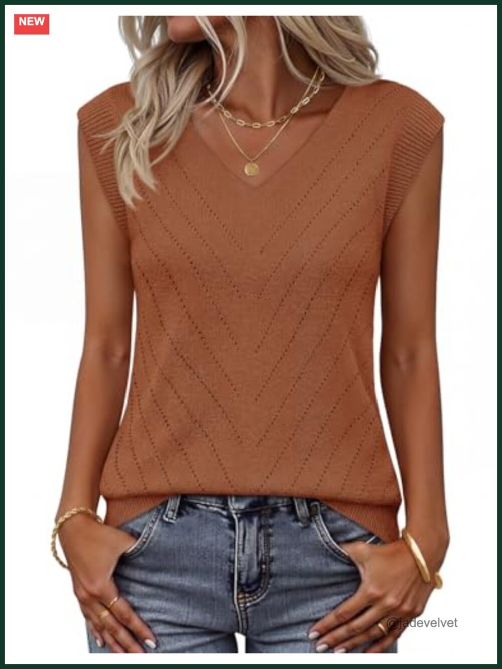 Sleeveless V-Neck Eyelet Knit Sweater Vest